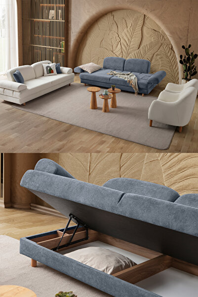 Eymense Aries Yataklı Sandıklı Koltuk Takımı 3+3+1+1 Mavi