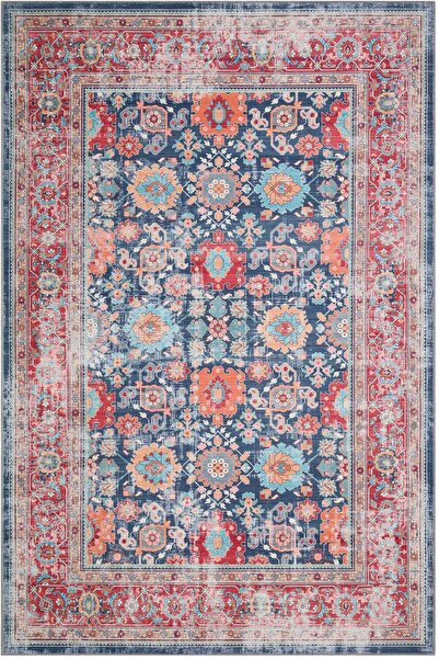 Frenda Vintage Desen Pamuk Taban Dijital Baskılı Yıkanabilir Halı Lacivert