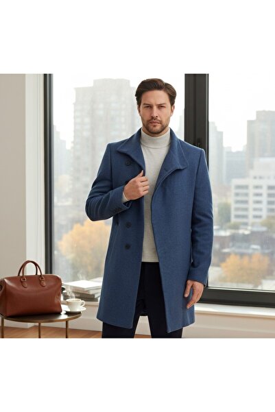 Frappoli Pagano Men's Indigo Shawl Collar S Slim Fit Cashmere Coat