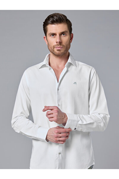 Mannerism قميص لومينوس تويل – قميص أبيض لامع حريري، قصة ضيقة