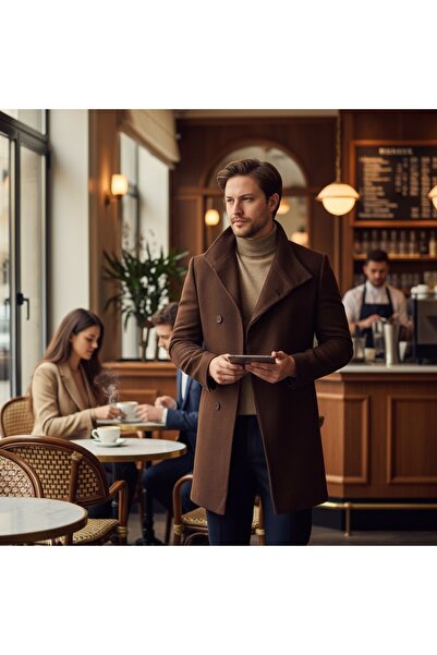 Frappoli Pagano Men's Brown Shawl Collar Slim Fit Cashmere Coat