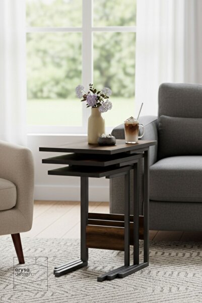 Orysa Design ZS-3 Metal Ayaklı 3'lü Zigon Sehpa Seti, Barok Ceviz