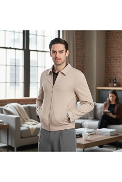 Frappoli 360 Esneyen Örme Erkek Fermuarlı Standart Fit Polo Yaka Ceket Mont