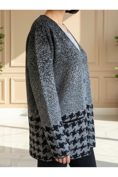 TEK TRICO Model Houndstooth Modern Young Mother Cardigan / Negru Afumat