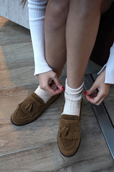 Marjin Women's Loafer Tasseled Casual Shoes Petlin Brown Suede