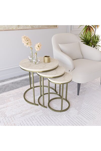 Dekoport Milas 3lü Zigon Sehpa Yan Sehpa Pirinç Eskitme Rengi Traverten Desen