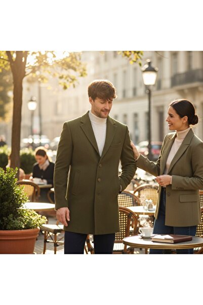 Frappoli Pagano Men's Khaki Jacket Collar Slim Fit Cashmere Coat