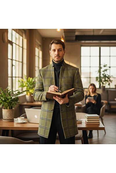 Frappoli Modern Plaid Patterned Men's Regular Fit Stand Collar Thick Cashmere Coat