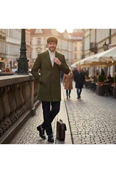 Frappoli Pagano Men's Khaki Jacket Collar Slim Fit Cashmere Coat