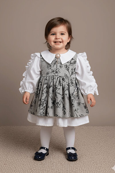 Bertuğ Bebek Büzgü Kol Broş Detaylı Gri Triko Pamuk Kız Çocuk Bebek Elbise