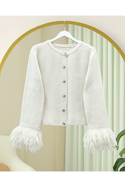 Modamorfo Heart Buttoned Sleeve Fringed Knitwear Cardigan -Beige