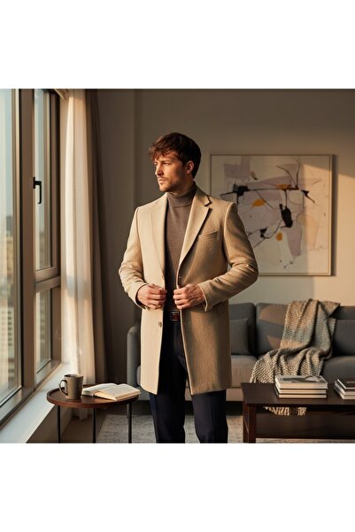 Frappoli Pagano Men's Beige Jacket Collar Slim Fit Cashmere Coat