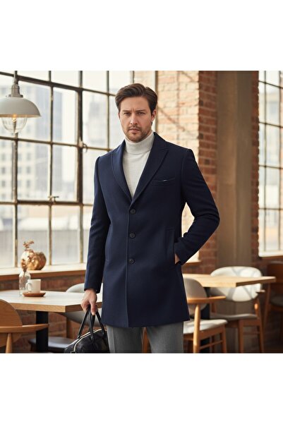 Frappoli Pagano Men's Navy Blue Pointed Collar Slim Fit Cashmere Coat