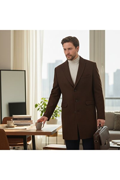 Frappoli Pagano Men's Brown Pointed Collar Slim Fit Cashmere Coat