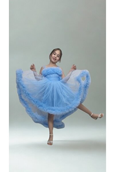 Atlas Kids Rochie de seară albastră din tul prințesă cu coadă pentru fetiță – Design special – Nuntă, ziua de naștere și bal