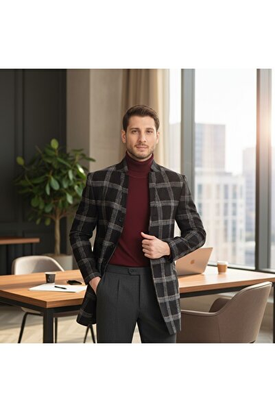 Frappoli Modern Ekose Desenli Erkek Regular Fit Dik Yaka Kalın Kaşe Kaban