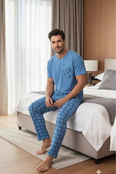 Sude HOMEWEAR Короткий рукав чоловічий синій піжамний комплект