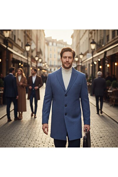 Frappoli Pagano Men's Indigo Pointed Collar S Slim Fit Cashmere Coat