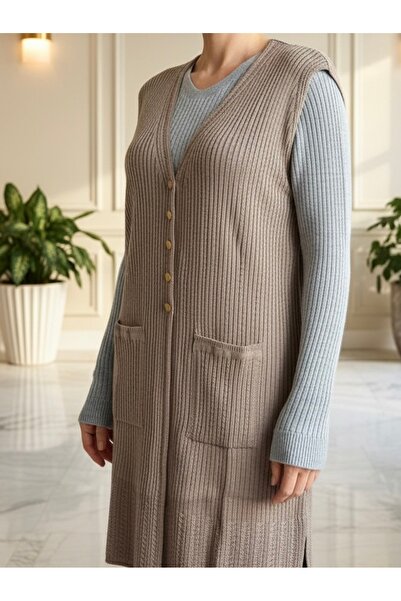 TİRİTEK Μοντέρνο πλεκτό μαλλί Mercerized ΜΟΝΟ ΠΛΕΚΤΟ Μακρύ Γιλέκο Μητέρας / Άμμος