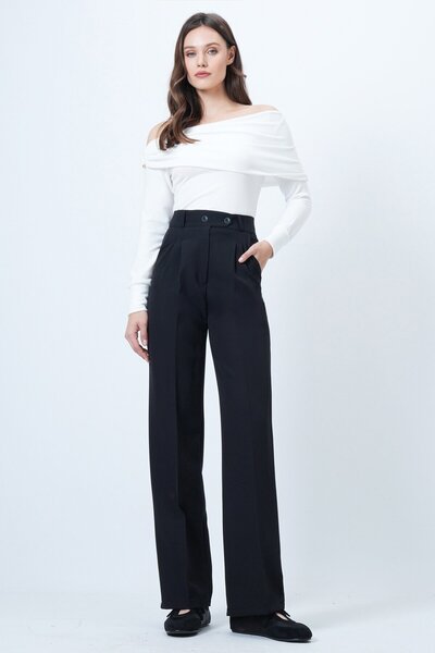 VAGGON Women's Black Elastic Waist Button Closure Double Pocket Trousers Vs01456