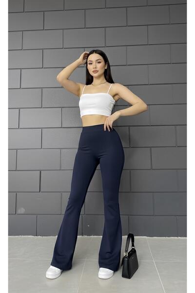 NOLYA MODA بنطلون نسائي باللون الأزرق الداكن مبطن بالصوف واسع الأرجل كريب عال...