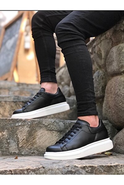 YC Shoes Ycs0547 Ycs Kalın Yüksek Taban Siyah Beyaz Bağcıklı Spor Erkek Ayakkabı