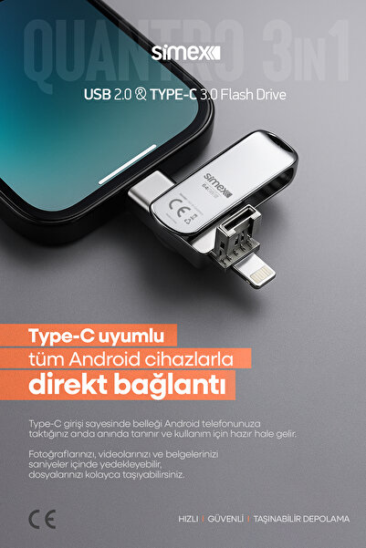 Simex 3in1 3.0 High Speed 64Gb Ios iPhone iPad Android USB Type-C Lightning Flash Memory