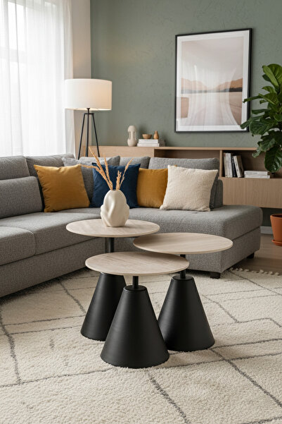 Vina Dekor 3’lü Zigon Sehpa , Yan Sehpa Siyah Metal Ayak - Traverten Görünüml...