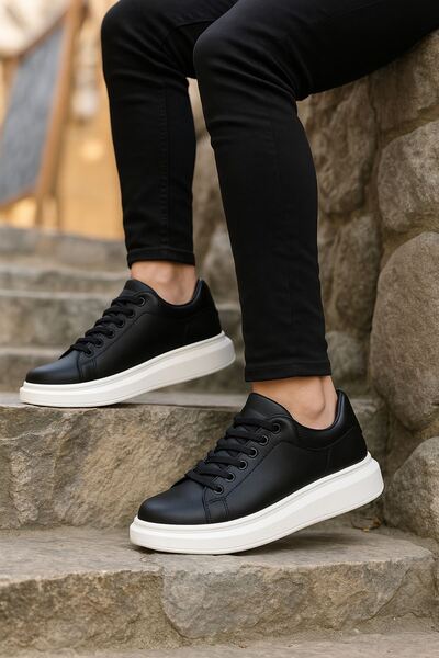 Pluvia Shoes Siyah Deri Bağcıklı Yüksek Tabanlı Erkek Sneaker