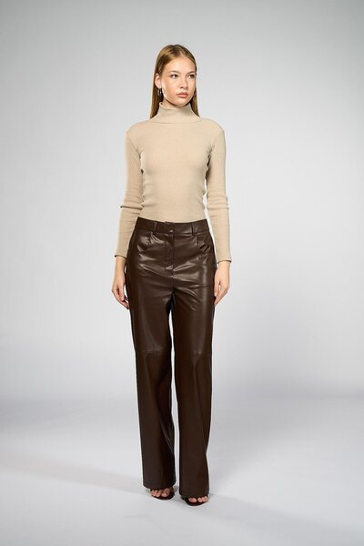 Thalure Women's Brown Wide Leg Leather Trousers