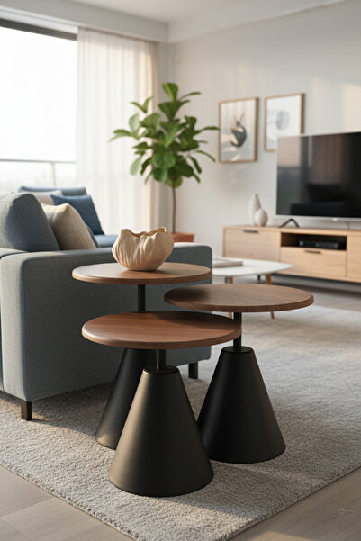 Vina Dekor 3’lü Zigon Sehpa , Yan Sehpa Siyah Metal Ayak - Ceviz Üst