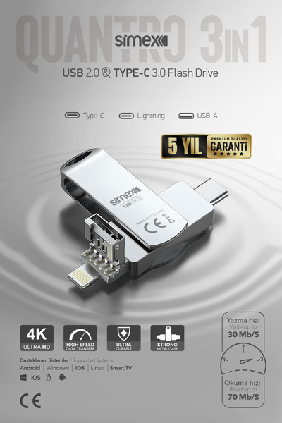 Simex 3in1 3.0 High Speed 128Gb Ios iPhone iPad Android USB Type-C Lightning Flash Memory