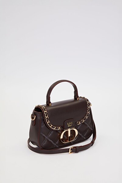 Levidor Quilted Embroidery and Chain Knit Detail Long Strap Medium Size Women's Hand and Shoulder Bag Lv930582 Dark Brown