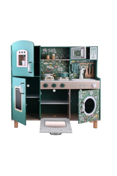 Smart Vibe Kitchen Set with Accessories for Children, Natural Wood, Vintage Floral, KinderVibe™, Burners