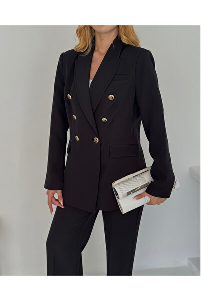 deqfashion Women's Black Double-Breasted Button Blazer Jacket Pants Set