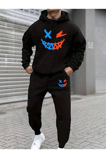 CLASSY.MODA Men's 3 Thread Sh Fleece-Lined Color B Printed Tracksuit Set O Oversized Hoodie and Jogger Pants