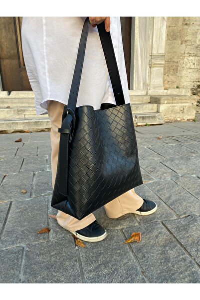 H&D COLLECTİON Serrated Faux Leather Buckle Detailed Tan Large Size Women's Shopper Shoulder Bag