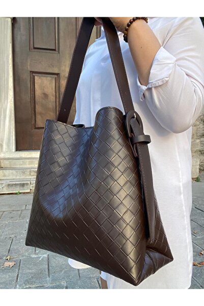 H&D COLLECTİON Serrated Faux Leather Buckle Detailed Tan Large Size Women's Shopper Shoulder Bag