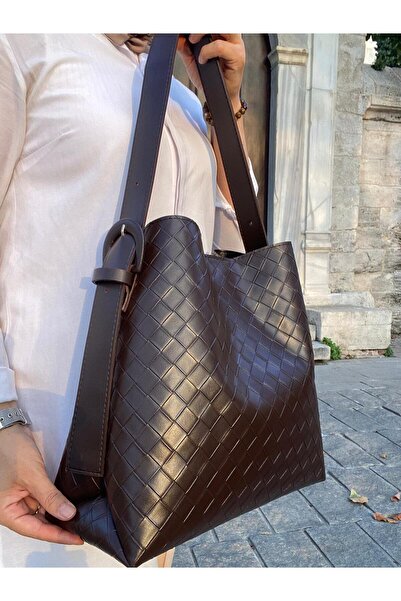 H&D COLLECTİON Serrated Faux Leather Buckle Detailed Tan Large Size Women's Shopper Shoulder Bag