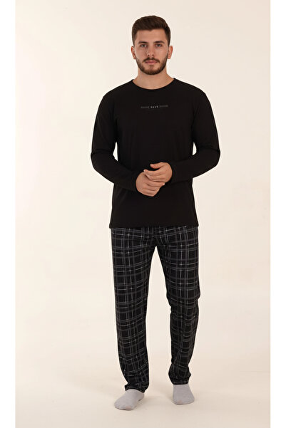 Sude Erkek %100 Pamuklu Bisiklet Yaka Uzun Kollu Siyah Ekoseli Pijama Takımı