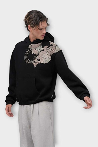 SAW Urbanity Realistic Oversize Hoodie - Şardonlu %100 Pamuk - Siyah