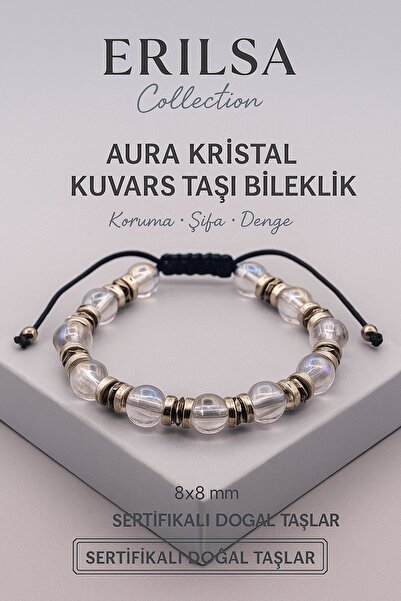 Erilsa Sertifikalı Aura Kristal Kuvars Doğal Taş Bileklik - 8x8 mm Koruma Şif...