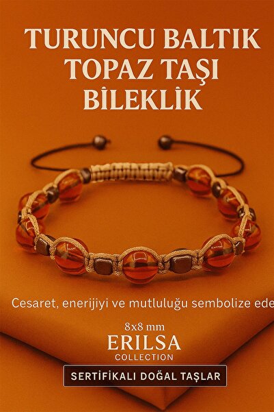 Erilsa سوار من حجر التوباز البرتقالي الطبيعي المعتمد من بحر البلطيق - حجر الطاقة للشجاعة والسعادة مقاس 8×8 ملم