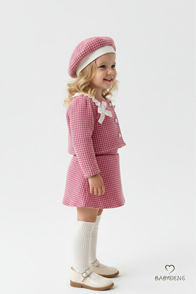 BABYDEN'S Baby Girl Houndstooth Patterned Skirt, Jacket, Hat Set, Lumberjack Fabric Winter 3-Piece Combination with Buttons and Bows