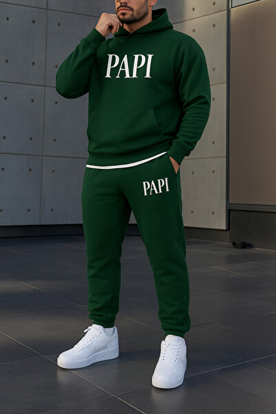 CLASSY.MODA Men's 3 Thread Sh Fleece-Lined Papi Lettering Tracksuit Set O Oversized Hoodie and Jogger Pants