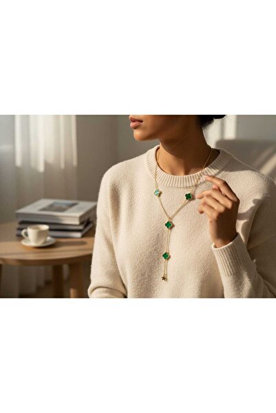 HELİSA ACCESSORİES Yeşi̇l Yonca Çeli̇k Y Kolye