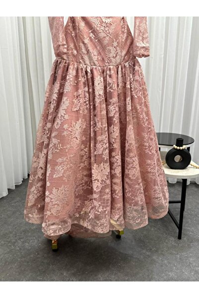 Orange Lace Evening Dress - Light Pink