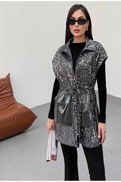 LÜKSERA Pul Payet Kumaşlı Cepli Işıltılı Şık Yelek
