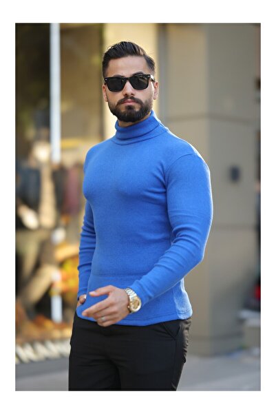 RANESA Μπλε πλέξη ριμπ Πουλόβερ με ζιβάγκο ελαστικό ύφασμα