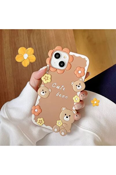 EDELFU iPhone 13 and 14 Compatible Soft and Durable Protective Thick Brown Case with Flower and Bear Pattern